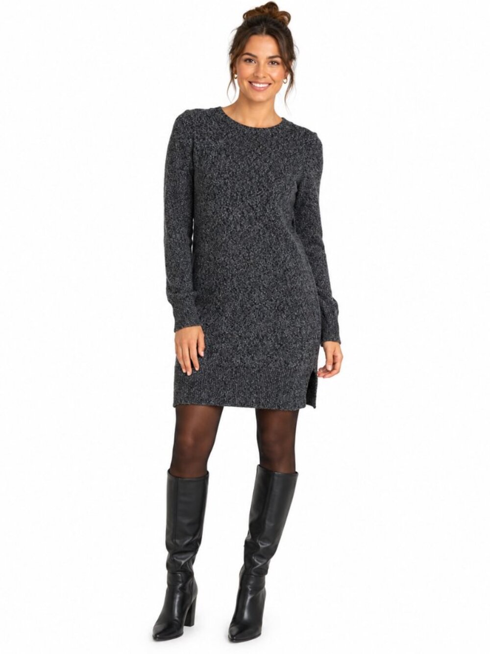 Nicole Miller Women’s Medium Gray Knit Sweater Dress Long Sleeve Tunic Descripti